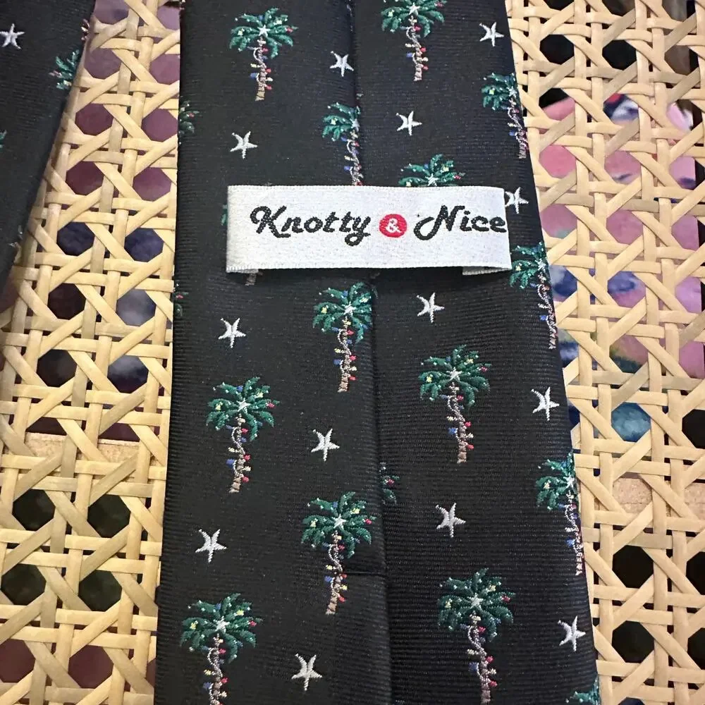 Knotty & Nice Men’s Holiday Tie with Palm Trees with Christmas Lights & Stars